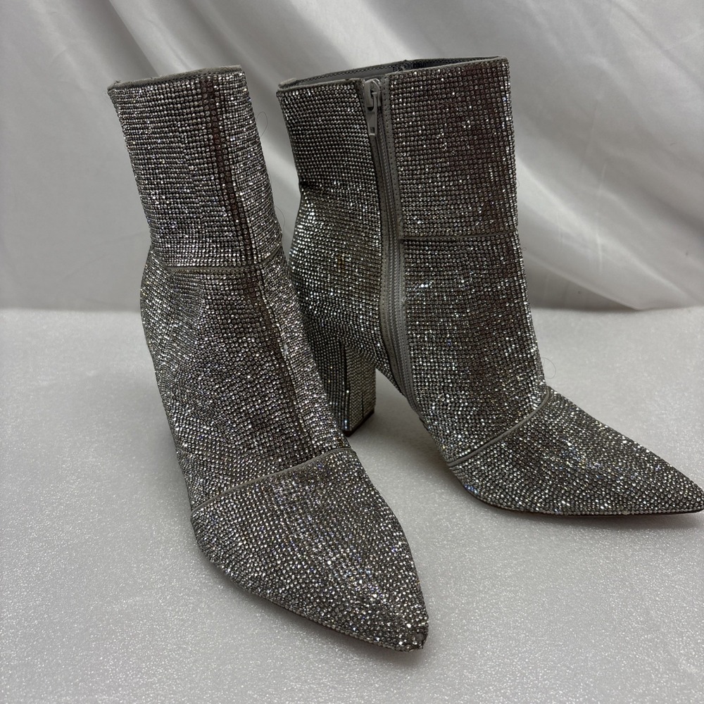 Steve Madden Glitter Block Heel Ankle Boots Size 9.5 Silver Sparkly Wedding Work